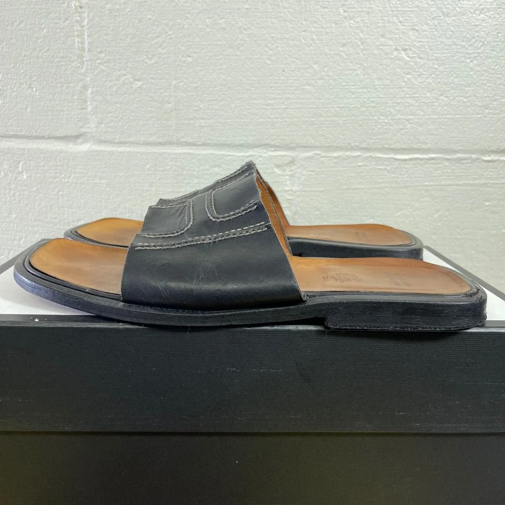 Hermes Izmir Sandals Black Leather H Logo Contrast Stitching Men's 44 EU/11 US